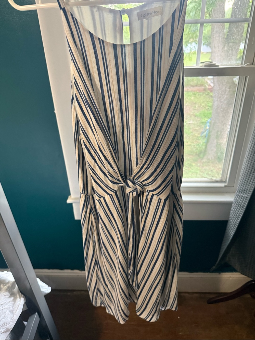 Cotton Bleu Navy and Cream Striped Knot-Front Women's Dress